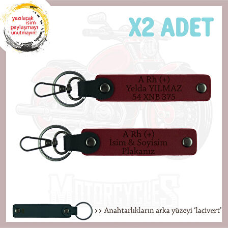 Hız Aşıklarına İsim Plaka ve A Rh (+) Kan Grubu Yazılı Özel Hediye x2' li Set Anahtarlık, Bordo-Laci