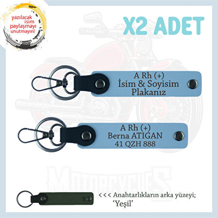Yol Arkadaşlarına, İsim Plaka ve A Rh + Kan Grubu Yazılı Acil Durum x2 Anahtarlık Takımı, Mavi-Ysl