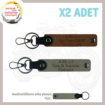 Motor Severlere, İsim Plaka ve A Rh (+) Kan Grubu, Özel Tasarım x2 Anahtarlık Set, Kül Gri-Kahve-Gr