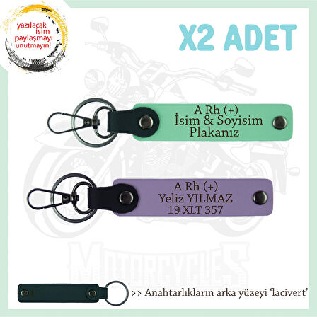 Yol Tutkunları İçin, İsim Plaka ve A+ Kan Grubuna Kişiselleştirilmiş x2 Anahtarlık, Mor-Yeşil-Laci