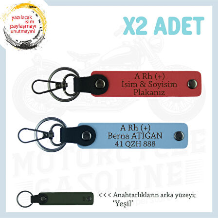Yol Arkadaşları İçin, İsim Plaka ve A+ Kan Grubu Kişiye Özel x2 Anahtarlık Set, Nar Çiçeği-Mavi-Ysl