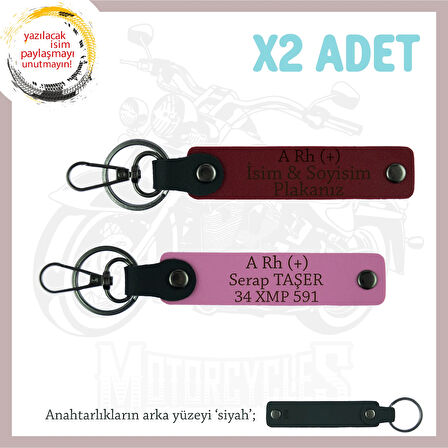 Özel İsim Plaka ve A Rh (+) Kan Grubu Yazılı Anlamlı Hediye, Deri x2 Anahtarlık Set, Pembe-Bordo-Syh
