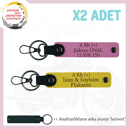 Motosiklet Severlere İsim Plaka ve A Rh (+) Kan Grubu, Acil Durum x2' li Anahtarlık, Sarı-Pembe-Laci