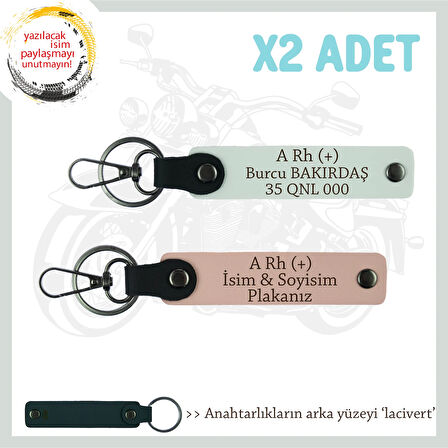 Motorcu Friends Hediye, İsim Plaka ve A Rh (+) Kan Grubu Yazılı x2 Anahtarlık, Yavruağzı-Beyaz-Laci