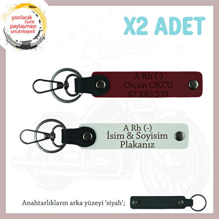 Bikerlar İsim Plaka ve A Rh (-) Kan Grubu Yazılı Deri x2 Anahtarlık Hediyelik Takım, Beyaz-Bordo-Syh