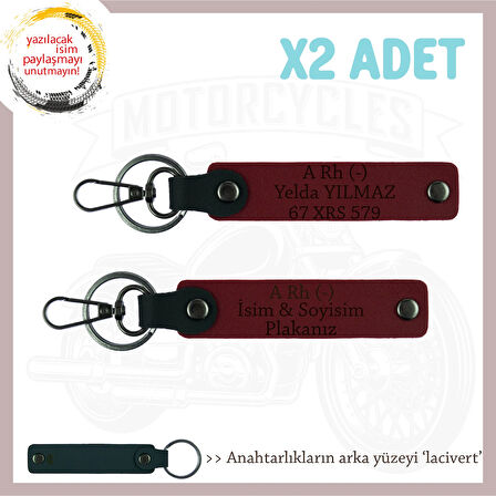 Hız Aşıklarına İsim Plaka ve A Rh (-) Kan Grubu Yazılı Özel Hediye x2' li Set Anahtarlık, Bordo-Laci