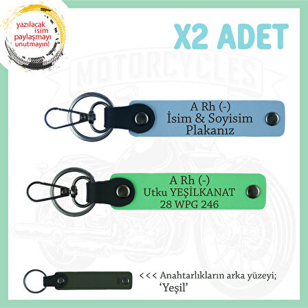 Biker Dostlarına, İsim Plaka ve A Rh (-) Kan Grubu Yazılı, Motor x2' li Anahtarlık, Mavi-F Yeşil-Ysl