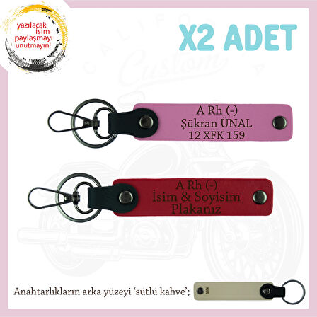 Motosiklet Aşıkları İçin İsim Plaka ve A Rh (-) Kan Grubu Yazılı x2 Anahtarlık Set, Kırmızı-Pembe-SK