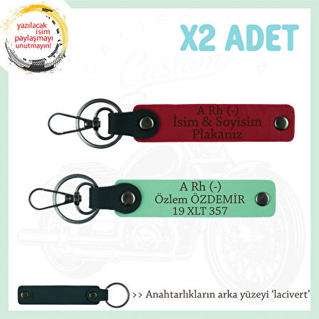 Motorcu Yolculara, İsim Plaka ve A Rh (-) Yazılı Güvenli Sürüş x2 Anahtarlık Set, Kırmızı-Yeşil-Laci