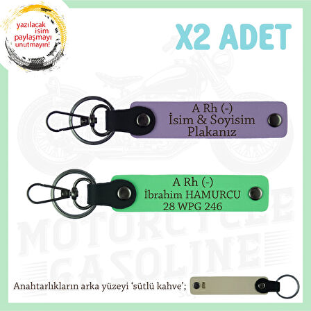 Bikerlar İçin Özel, İsim Plaka ve A Rh (-) Kan Grubu Yazılı Hediye x2 Anahtarlık Set, Mor-F Yeşil-SK