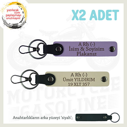 Motorcu Dostlara Özel, İsim Plaka ve A Rh (-) Kan Grubu, x2 Set Hediye Anahtarlık, Mor-S Kahve-Syh