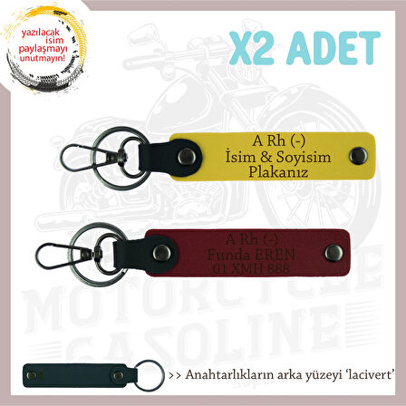 Motor Tutkunlarına, İsim Plaka ve A Rh (-) Kan Grubu Özel Üretim x2' li Anahtarlık, Sarı-Bordo-Laci