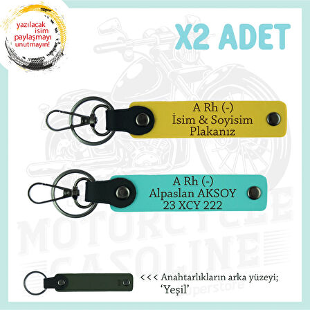Motor Severlere İsim Plaka ve A Rh (-) Kan Grubu Yazılı Özel Tasarım x2 Anahtarlık, Sarı-Turkuaz-Ysl