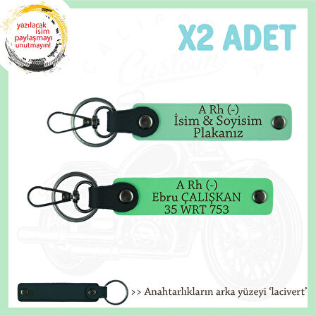 Motosiklet Sürücüsüne Özel İsim Plaka ve A Rh (-) Kan Grubu Yazılı x2 Anahtarlık, Yeşil-F Yeşil-Laci