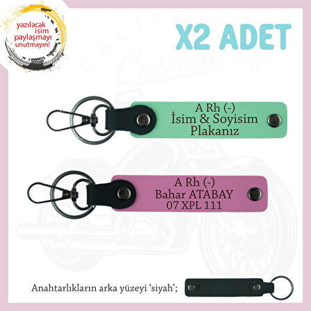 Hız Severlere, İsim Plaka ve A Rh (-) Kan Grubu Yazılı x2 Anahtarlık Set, Hediyelik, Yeşil-Pembe-Syh