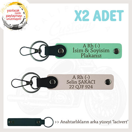 Sürücülere Özel, İsim Plaka ve A Rh (-) Kan Grubu Hediyelik x2' li Anahtarlık Set, Yeşil-Pudra-Laci