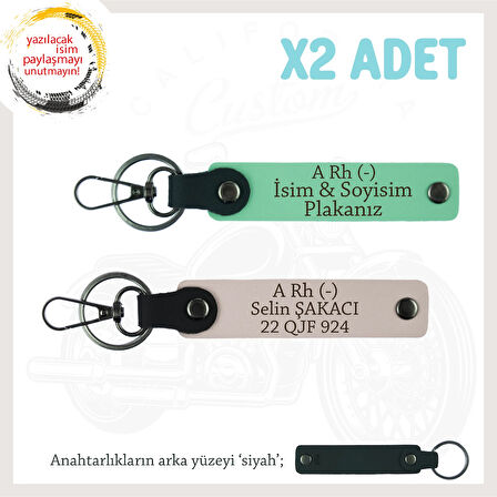 Motorcu Tarzına Özel, İsim Plaka ve A Rh (-) Kan Grubu, Hediyelik x2 Anahtarlık Set, Yeşil-Pudra-Syh