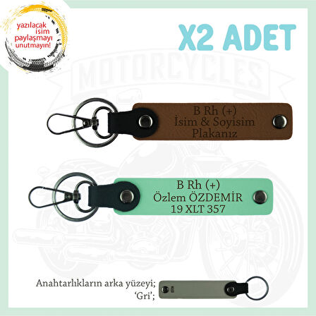Motosiklet Severlere, İsim Plaka ve B Rh + Kan Grubu Yazılı, Motorcu x2 Anahtarlık, Kahve-Yeşil-Gr