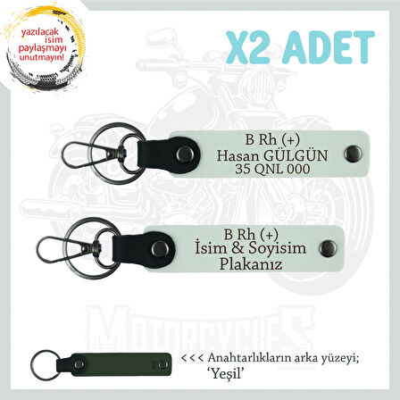 Biker Stiline Uygun İsim Plaka ve B + Kan Grubu Yazılı Acil Durum Deri x2 Anahtarlık Seti, Beyaz-Ysl