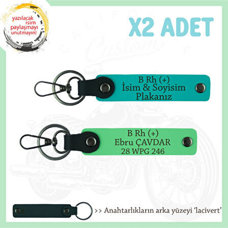 Motosiklet Maceracılarına, İsim Plaka ve B + Kan Grubu Yazılı x2 Anahtarlık, K Turkuaz-F Yeşil-Laci