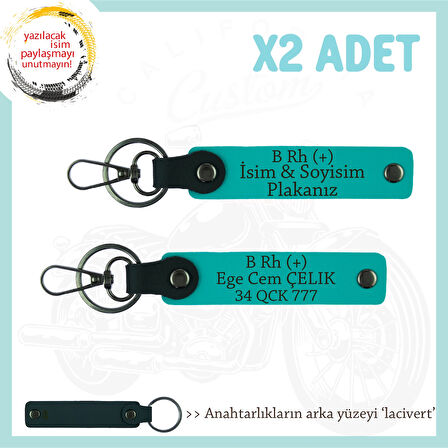 Yol Arkadaşlarına, İsim Plaka ve B Rh (+) Kan Grubu Yazılı Kişiye Özel x2 Anahtarlık, K Turkuaz-Laci