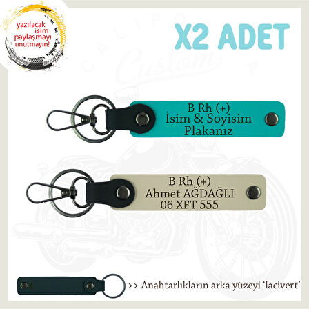 Motorcuya Tarz Hediye, İsim Plaka ve B Rh (+) Kan Grubu Yazılı x2 Anahtarlık, K Turkuaz-S Kahve-Laci