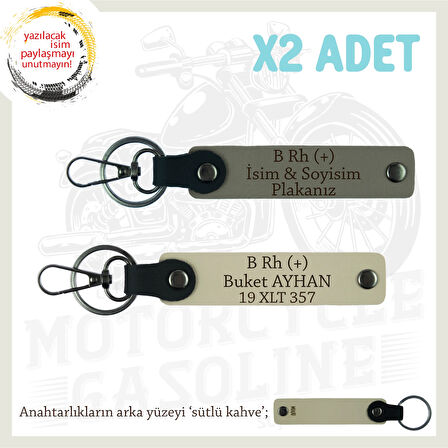 Motor Severlere Özel, İsim Plaka ve B Rh (+) Kan Grubu Yazılı x2 Anahtarlık Set, Kül Gri-S Kahve-SK