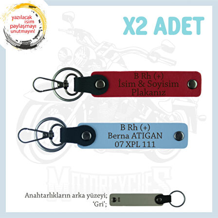 Biker Stiline Özel, İsim Plaka ve B+ Kan Grubu Yazılı Anlamlı Motor x2 Anahtarlık, Kırmızı-Mavi-Gr