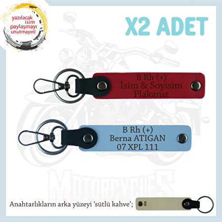 Biker Stiline Özel, İsim Plaka ve B+ Kan Grubu Yazılı Anlamlı Motor x2 Anahtarlık, Kırmızı-Mavi-SK