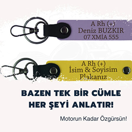Motorcu Dostlar İçin İsim Plaka ve B Rh (+) Kan Grubu Yazılı x2' li Anahtarlık, Mor-K Kahve-Ysl