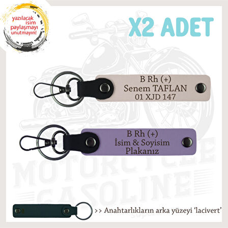 Biker Tarzına Özel, İsim Plaka ve B Rh (+) Kan Grubu Yazılı Hediye x2 Anahtarlık Set, Mor-Pudra-Laci