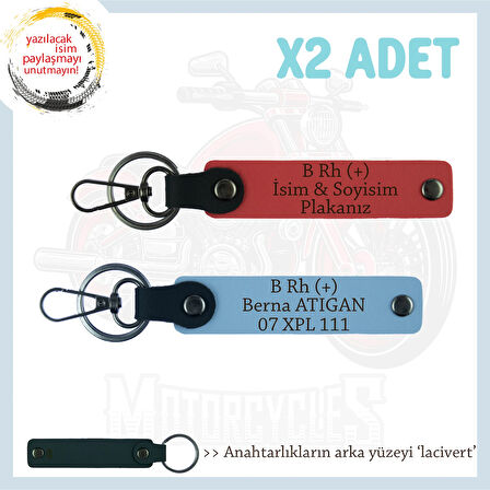 Yol Arkadaşları İçin, İsim Plaka ve B+ Kan Grubu Kişiye Özel x2 Anahtarlık Set, Nar Çiçeği-Mavi-Laci