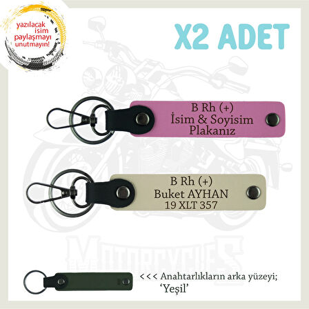 Motorcu Dostlara Özel, İsim Plaka ve B Rh (+) Kan Grubu Yazılı Deri x2 Anahtarlık, Pembe-S Kahve-Ysl
