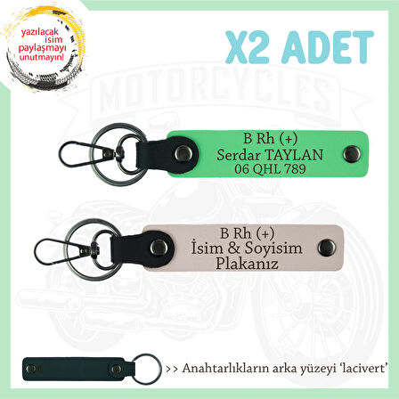 Hız Severlere Özel, İsim Plaka ve B Rh (+) Kan Grubu Yazılı Deri x2 Anahtarlık, Pudra-F Yeşil-Laci