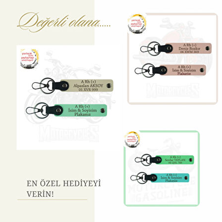Yolların Sürücülerine, İsim Plaka ve B Rh (+) Yazılı Kişiselleştirilmiş x2 Anahtarlık, Sarı-Beyaz-Gr