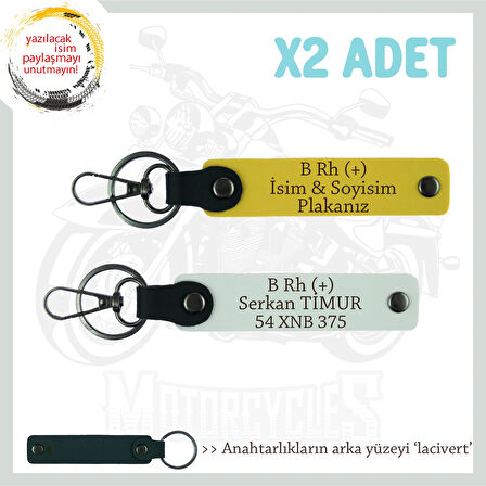 Sürücülere Özel, İsim Plaka ve B Rh (+) Kan Grubu Yazılı Hediye x2 Set Anahtarlık , Sarı-Beyaz-Laci