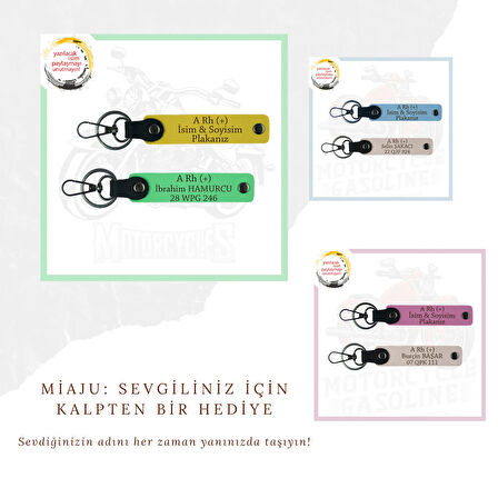 Sürücülere Özel, İsim Plaka ve B Rh (+) Kan Grubu Yazılı Hediye x2 Set Anahtarlık , Sarı-Beyaz-Laci