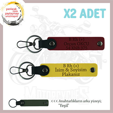 Motor Kullananlara İsim Plaka ve B Rh (+) Kan Grubu Yazılı Özel Üretim x2 Anahtarlık, Sarı-Bordo-Ysl