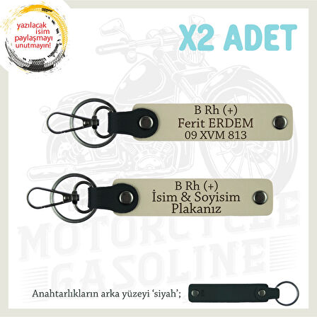 Yol Tutkunlarına Özel, İsim Plaka ve B Rh (+) Kan Grubu Yazılı Kişisel x2 Anahtarlık, S Kahve-Syh