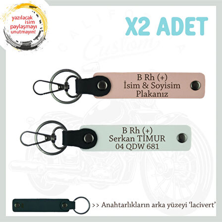 Motorcu Friends Hediye, İsim Plaka ve B Rh (+) Kan Grubu Yazılı x2 Anahtarlık, Yavruağzı-Beyaz-Laci
