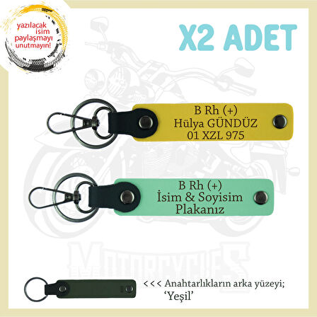 Motosiklet Severlere Özel, İsim Plaka ve B Rh (+) Kan Grubu Yazılı x2 Anahtarlıkları, Yeşil-Sarı-Ysl
