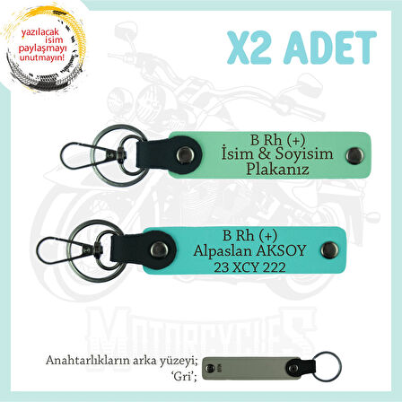 Motor Severlere Özel, İsim Plaka ve B Rh (+) Kan Grubu Yazılı x2 Anahtarlık Takım, Yeşil-Turkuaz-Gr