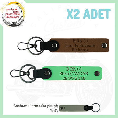 Bikerlar İçin İsim Plaka B Rh (-) Kan Grubu Yazılı Özel Tasarım x2 Anahtarlık Set, Kahve-F Yeşil-Gr