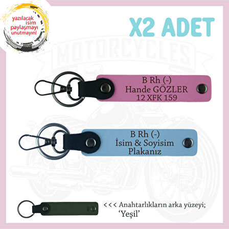 Hız Tutkunlarına, İsim Plaka ve B Rh (-) Kan Grubu Yazılı x2 Anahtarlık, Hediyelik, Mavi-Pembe-Ysl
