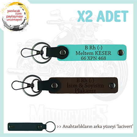 Motor Severlere, İsim Plaka ve B Rh (-) Kan Grubu Yazılı x2 Anahtarlık, Anı, K Kahve-Turkuaz-Laci