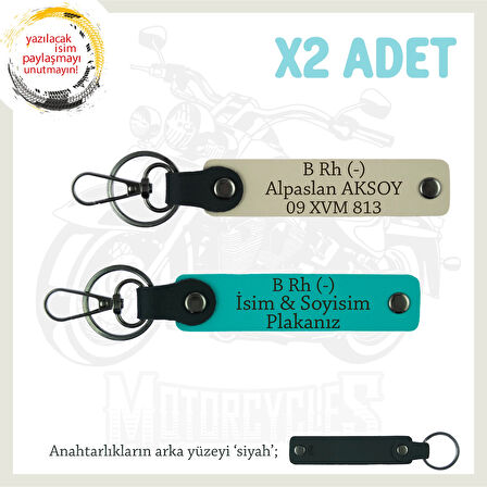 Motor Sürücüsüne, İsim Plaka ve B Rh (-) Kan Grubu Yazılı x2 Anahtarlık Set, K Turkuaz-S Kahve-Syh