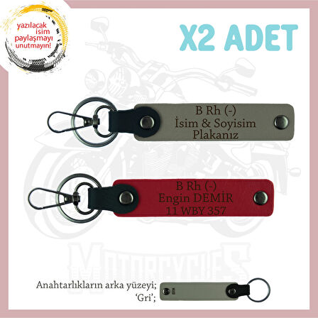 Bikerlar İçin Özel, İsim Plaka ve B Rh (-) Kan Grubu, Hediye x2 Anahtarlık Set, Kül Gri-Kırmızı-Gr