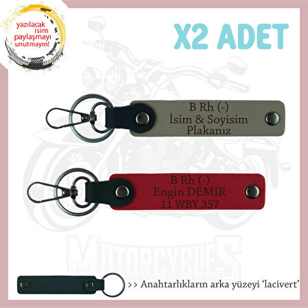 Bikerlar İçin İsim Plaka ve B Rh (-) Kan Grubu Yazılı Hediye x2 Anahtarlık Set, Kül Gri-Kırmızı-Laci