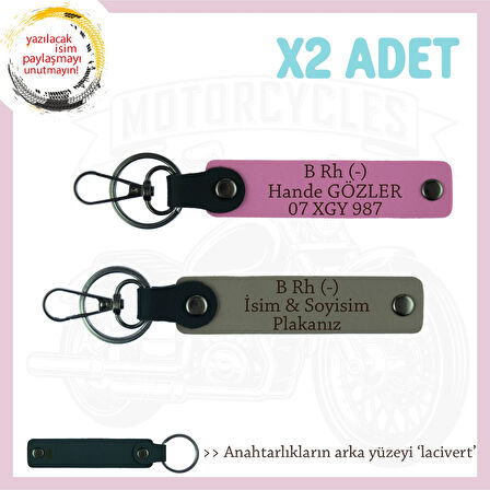Motorcu Yolculara Özel, İsim Plaka ve B Rh (-) Kan Grubu Yazılı x2 Anahtarlık, Kül Gri-Pembe-Laci