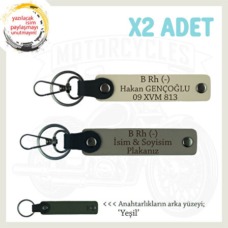 Motor Severlere Özel, İsim Plaka ve B Rh (-) Kan Grubu Yazılı x2 Anahtarlık Set, Kül Gri-S Kahve-Ysl
